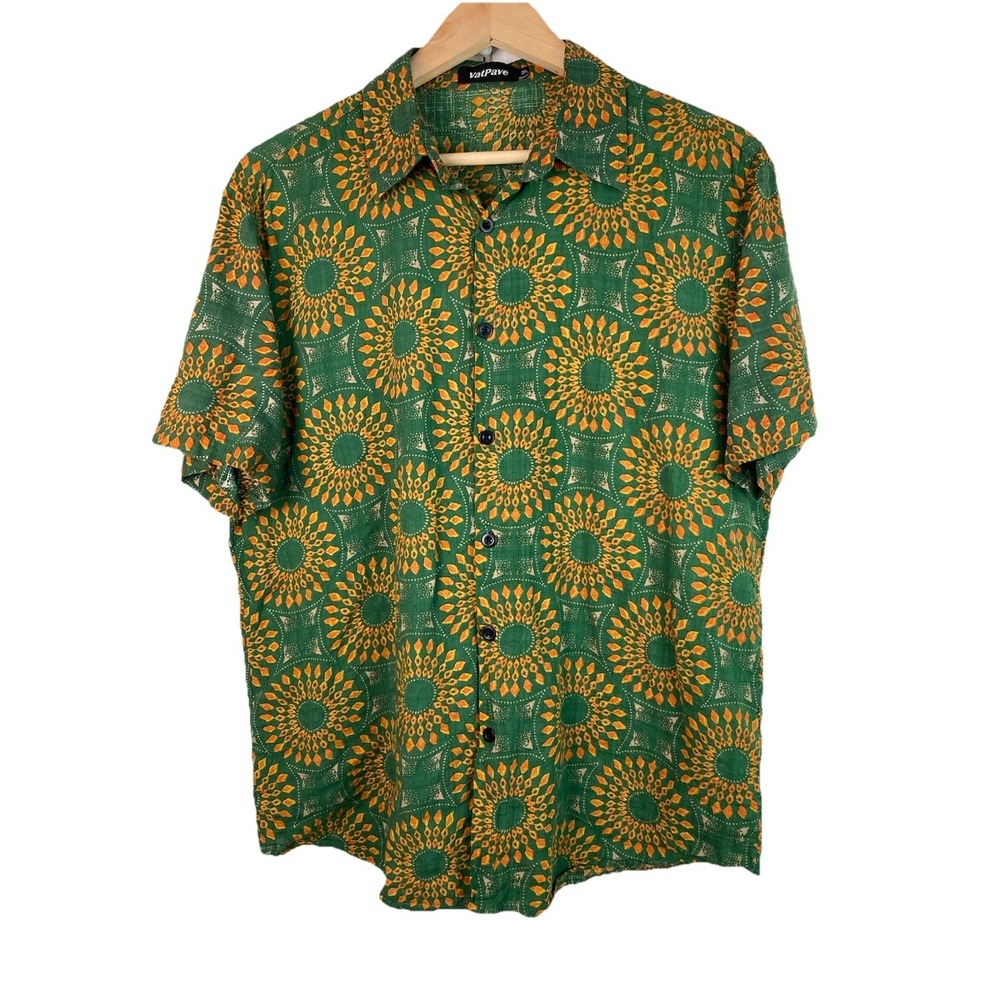 Vatpave Men's M Green Orange Sunburst Short Sleeve Button Up Shirt
